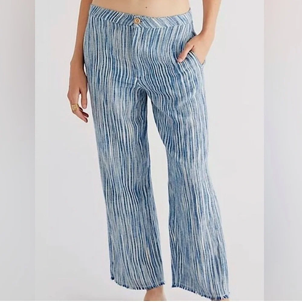 NWT Free People | Women’s blue/cream striped Marta Yarn Dye Fringe Hem Pant sz 2
